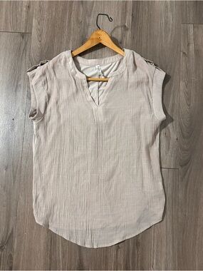 Blush Pink Cap-Sleeve V-Neck Blouse